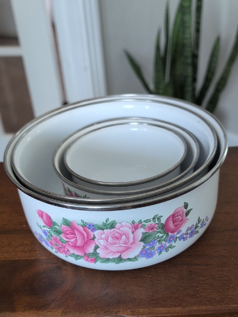 Vintage Floral Enameled Stainless Rim Nesting Bowl Set - Pink Rose